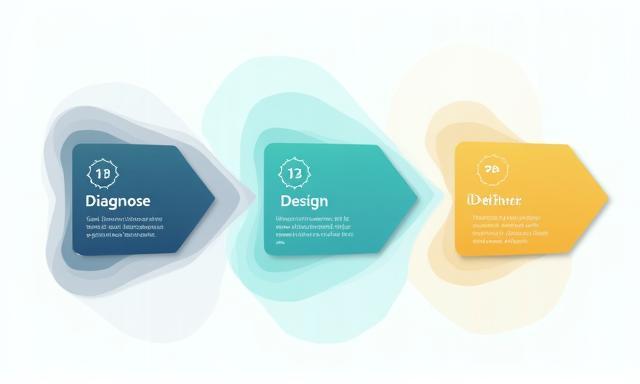 Infographic style illustration of three-step consulting methodology with phases Diagnose, Design, Deliver