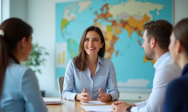 Business professional practicing Spanish in corporate setting